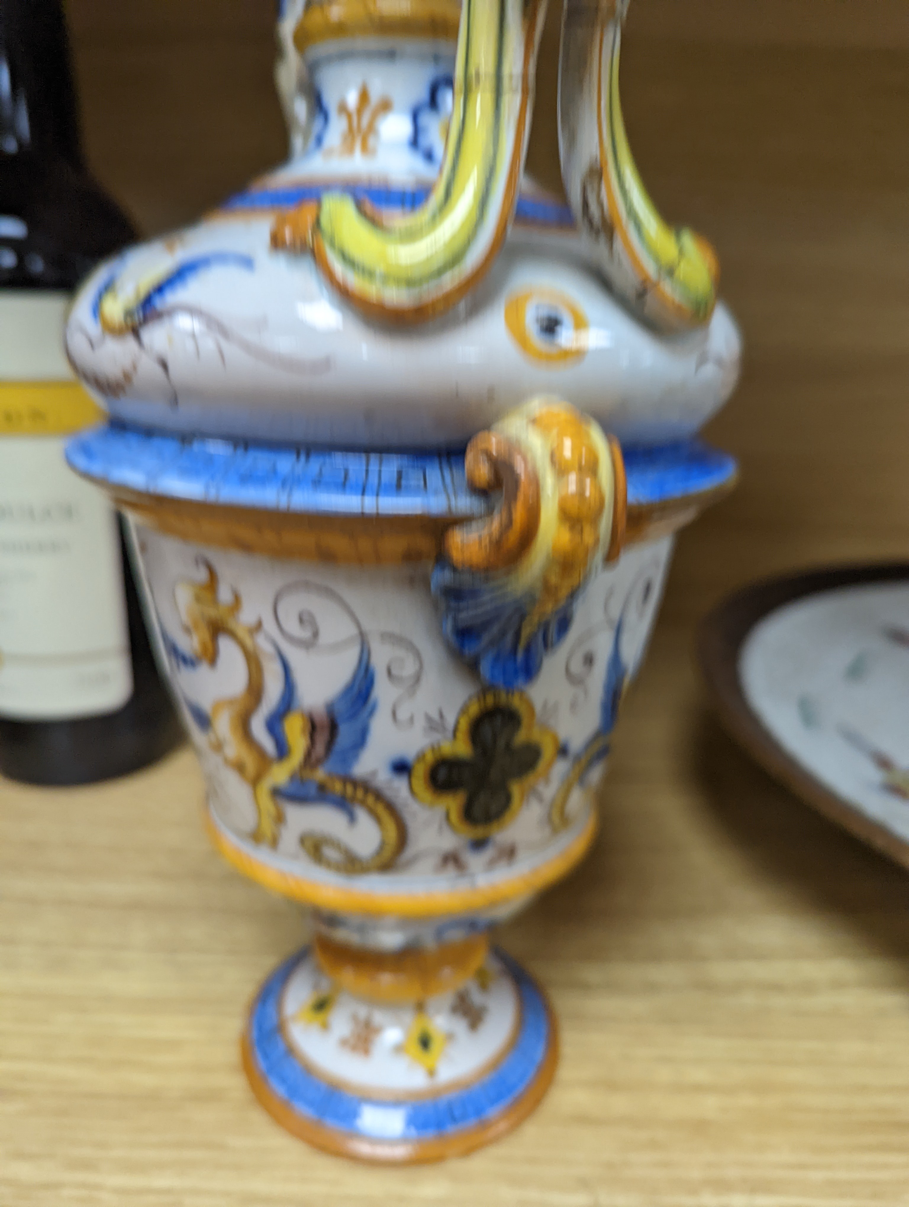 A Ginori maiolica two handled vase and Delft polychrome double cylinder teapot 27cm